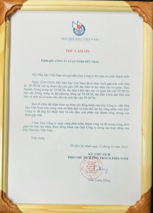 Thư cảm ơn từ Hội nhà báo Việt Nam đến công ty luật TNHH Đức Pháp